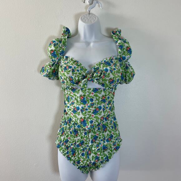 House of Sunny Two Piece Set Women 4 Floral Ruffle Bow Smocked Retro Hot Pants - Picture 1 of 16